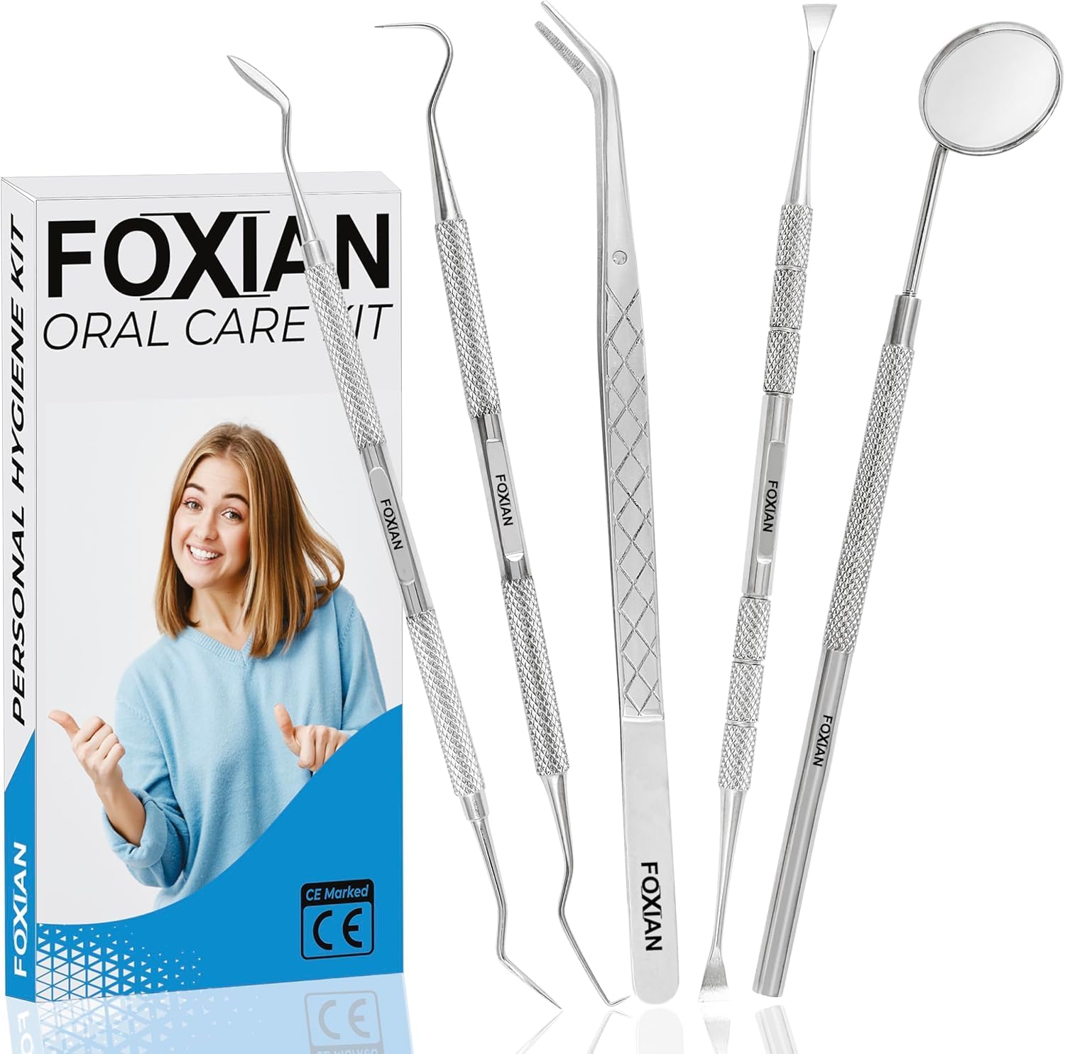 FOXIAN Professional 5 Pcs Oral Plaque Remover for Teeth Stainless Steel Tooth Picks Tartar Cleaner for Teeth Whitening & Oral Care Kit for Men Women Pets (5 Pcs)