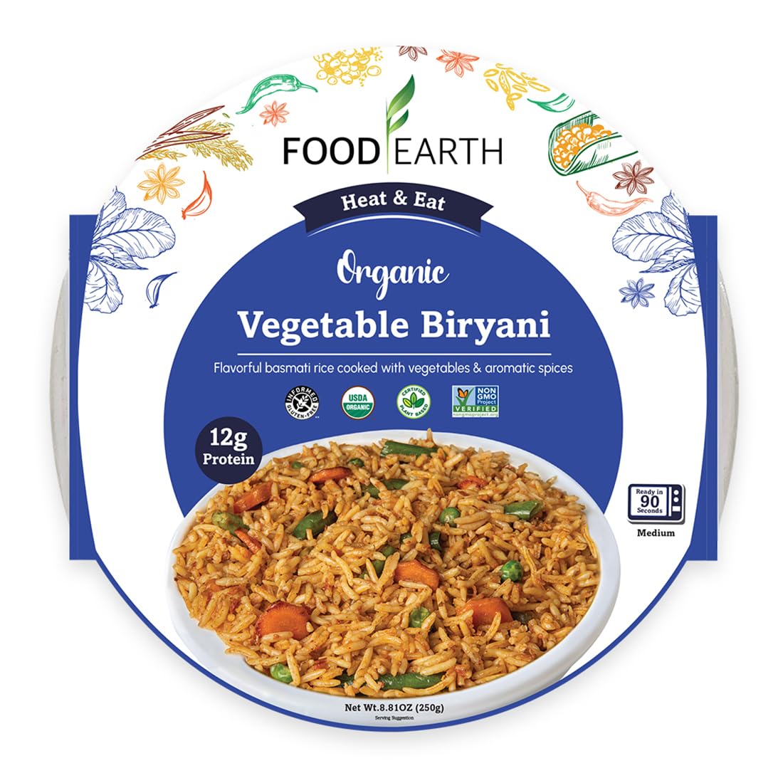 Food Earth Ready to Eat Vegetable Biryani – Organic, Vegan, Gluten-Free Indian Meal – Microwavable, Plant-Based Prepackaged Lunch – 8.81 oz Each (Pack of 6)