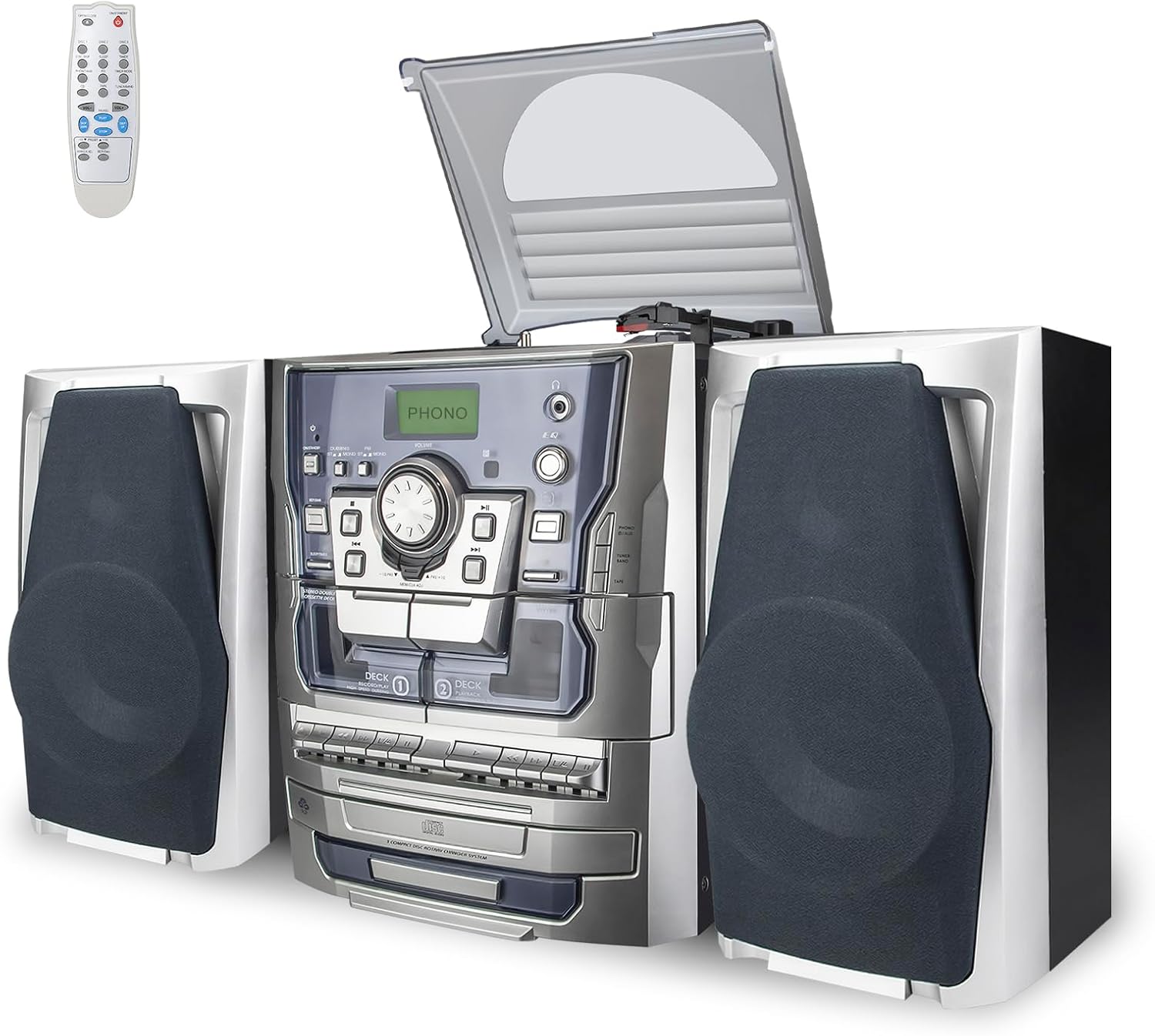 HONGUT Bluetooth Vinyl Stereo Record Player, 3-Speed Stereo Turntable CD Player Music System with Dual Cassette Deck, Digital Alarm Clock FM Radio Coded CD Tape with Remote Control