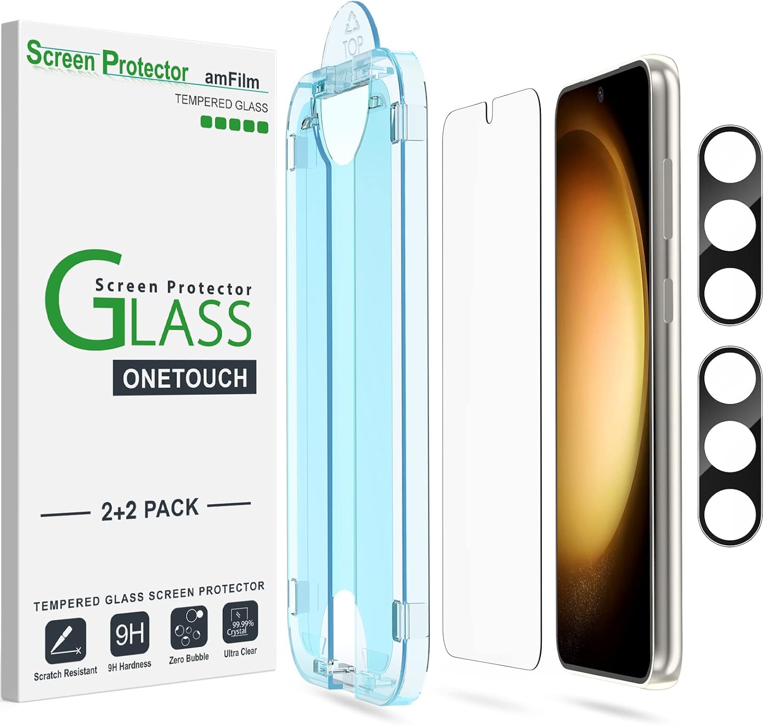 amFilm [2+2 Pack OneTouch Tempered Glass Screen Protector for Samsung Galaxy S23+/S23 Plus 6.6 Inch with Camera Lens Protector, 9H Hardness, Easy Installation and Bubble Free.