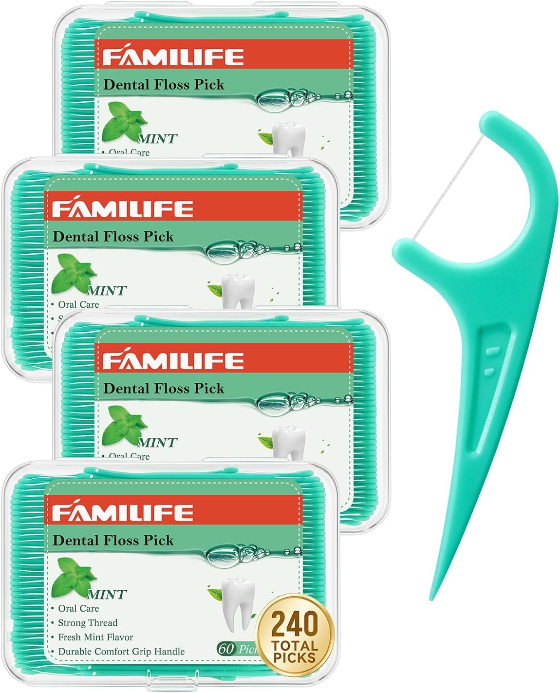 FAMILIFE Floss Picks, 240 Count Mint Dental Floss Picks with 4 Travel Cases