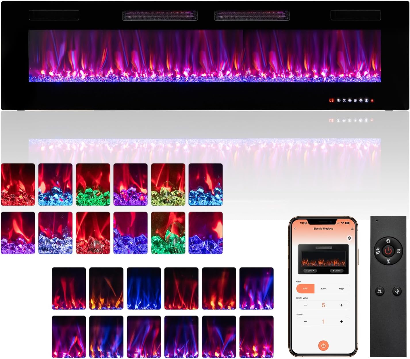 ORALNER 60” Smart WiFi App Controlled Electric Fireplace, Ultra Thin Linear Recessed & Wall Mounted Fireplace Heater with Adjustable Flame Color & Speed, Remote, 12 H Timer (60 INCHES)