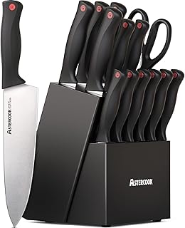 Astercook Knife Set, 15 Pieces Kitchen knives Set with Built-in Sharpener, High Carbon German Stainless Steel Chef Knife Block Sets, Sharp & Rust Resistant Dishwasher Safe, Black