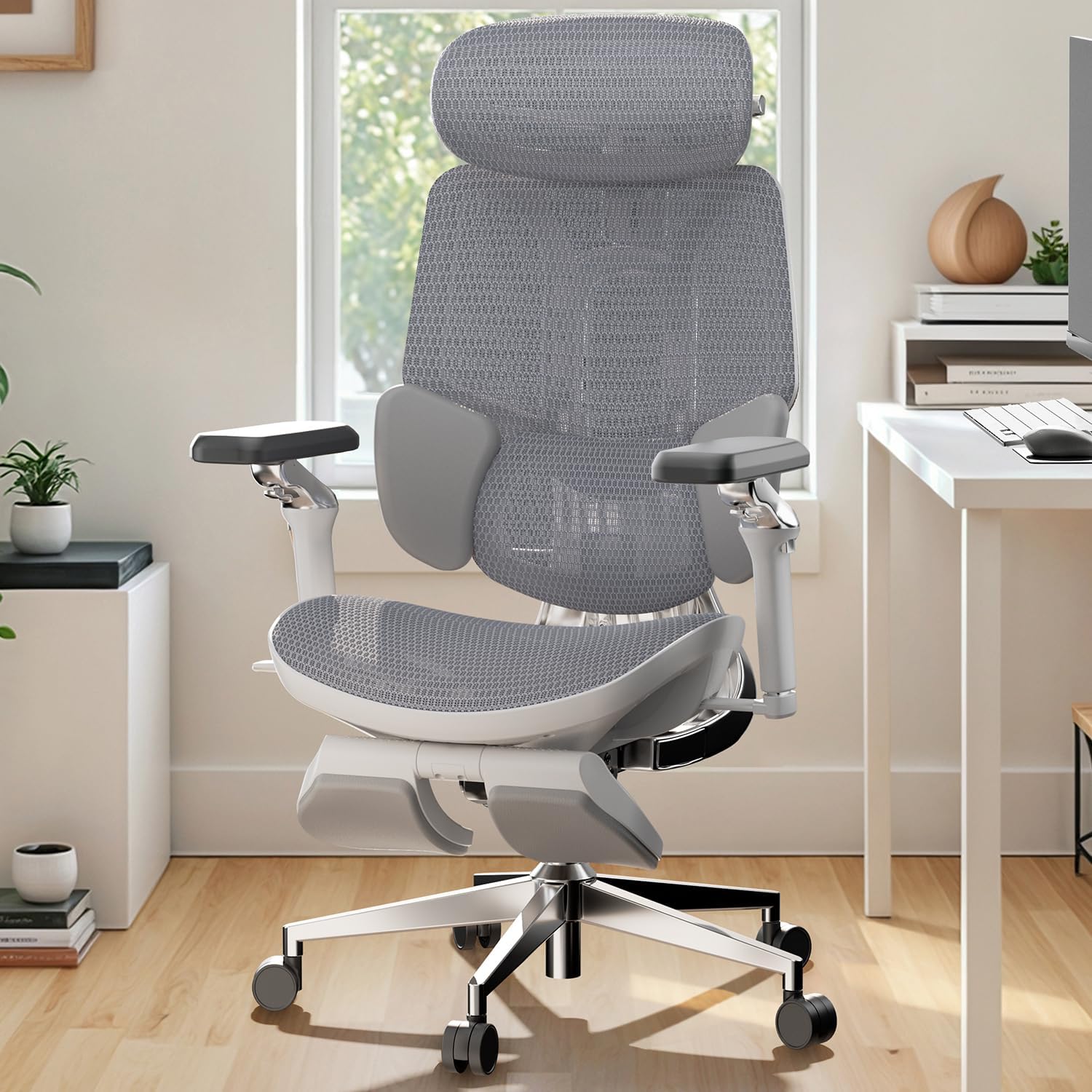 Hbada E3 Ultra Ergonomic Office Chair, Big and Tall Office Chairs - with 3-Zone Dynamic Lumbar Support, 360° Mechanical Armrests, 4D Adjustable Headrest, Aluminum Alloy, Grey