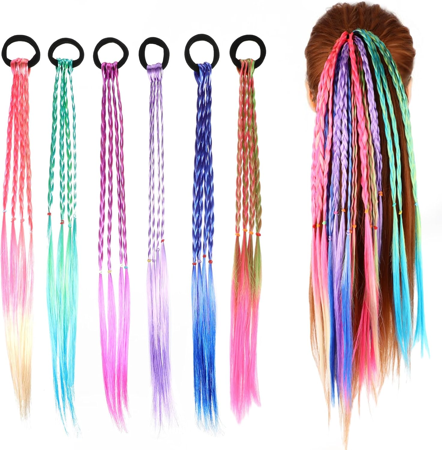 Dimeho 6 Pcs Braids Hair Extensions Colorful Rainbow Braided Rubber Bands Wig Braid Hair Rope Cosplay Ponytail Holders Hairpieces Styling Accessories for Women Party Dress Up