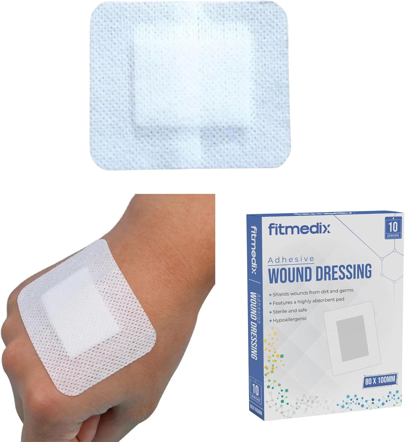 Adhesive Wound Dressings (80mm x 100mm)- **Pack of 10** Sterile Dressings for Wounds, Cuts, Grazes, Diabetic Leg Ulcers, Venous Leg Ulcers & Small Pressure Sores- Hypoallergenic Plasters for Wounds