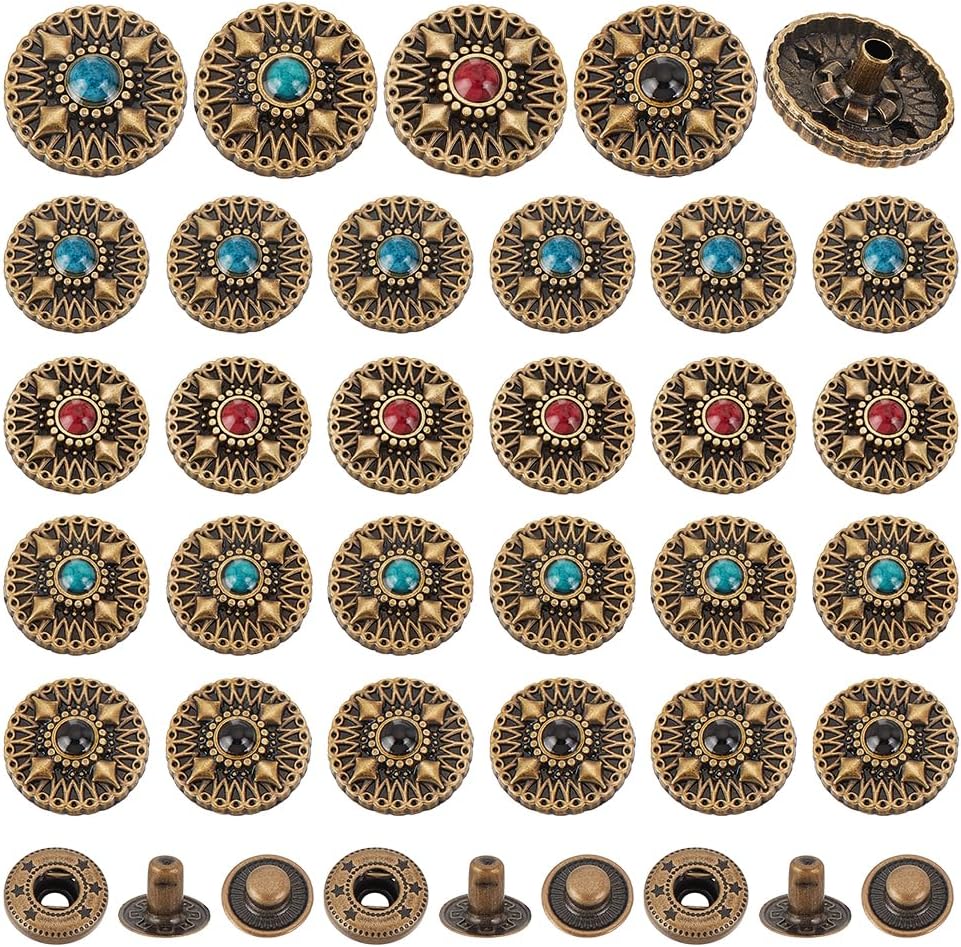 AHANDMAKER 24 Sets Alloy Decorative Buckles, 4 Colors Metal Screw Back Button Retro Leather Screw Rivets, Vintage Buckles Imitation Turquoise Round Shape Buttons for DIY Leather Craft