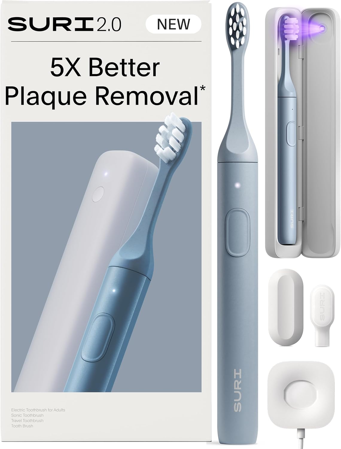 SURI 2.0 New Sonic Electric Toothbrush with Pressure Sensor & UV-Cleaning Travel Case | 1 Month+ Battery | Electric Toothbrush for Adults | Travel Toothbrushes | Tooth Brush | Blue
