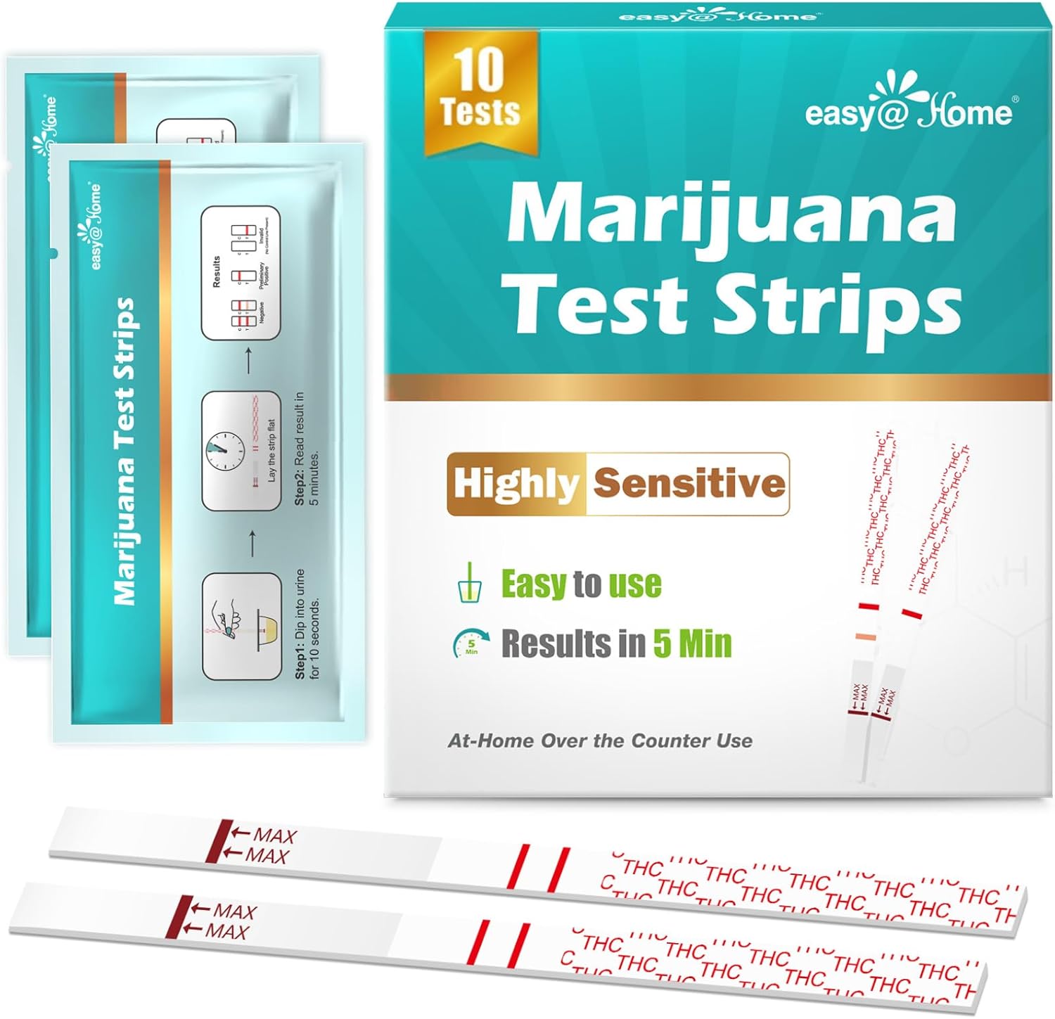 Easy@Home Marijuana Test Strips: THC Drug Testing Kit for Urine, 10 Pack Marijuana Screen Test Strip with Cutoff Level 50ng/mL, THC Vaping Tests for Home Use, #ESTH-115