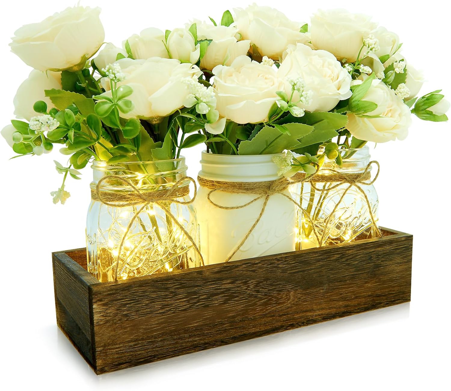 XXXFLOWER 3 Pcs Mason Jars Lights Fall Table Centerpieces with Wood Tray and 3 Artificial Flowers,Centerpieces for Farmhouse Coffee Table Dining Room Kitchen Living Bathroom Wedding