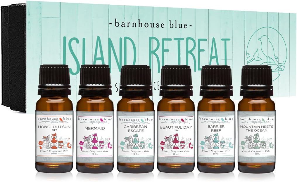 Barnhouse Blue Island Retreat Set of 6 Premium Fragrance Oils - Includes Barrier Reef, Mountain Meets The Ocean, Beautiful Day, Caribbean Escape, Honolulu Sun, and Mermaid Scented Oils - 10ML