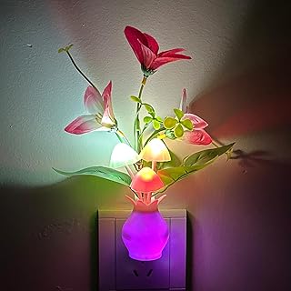 Plug-in Night Light with Auto Light Sensor, RGB LED Mushroom Night Light Wall Based Flower Lamp 1W Energy Efficient Nursery Night Light for Kids Room, Bedroom, Nursery, Lounge, Hallway and Stairs