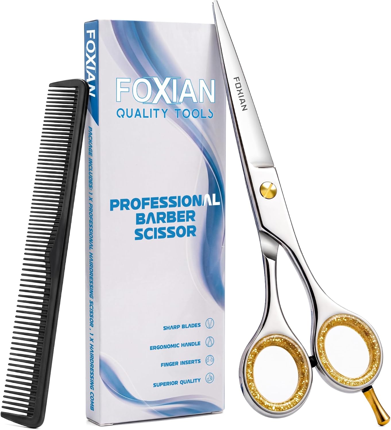 Foxian Hairdressing Professional Scissors for Barbers & Hairdressers 6" Stainless Steel Hair Cutting Scissors with Comb for Men & Women