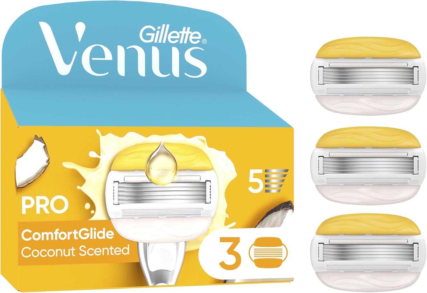 Gillette Venus Pro ComfortGlide Coconut Scented Women’s Blades with Olay Moisturiser, 3 Refill Razor Cartridges, Reusable Metal Handle