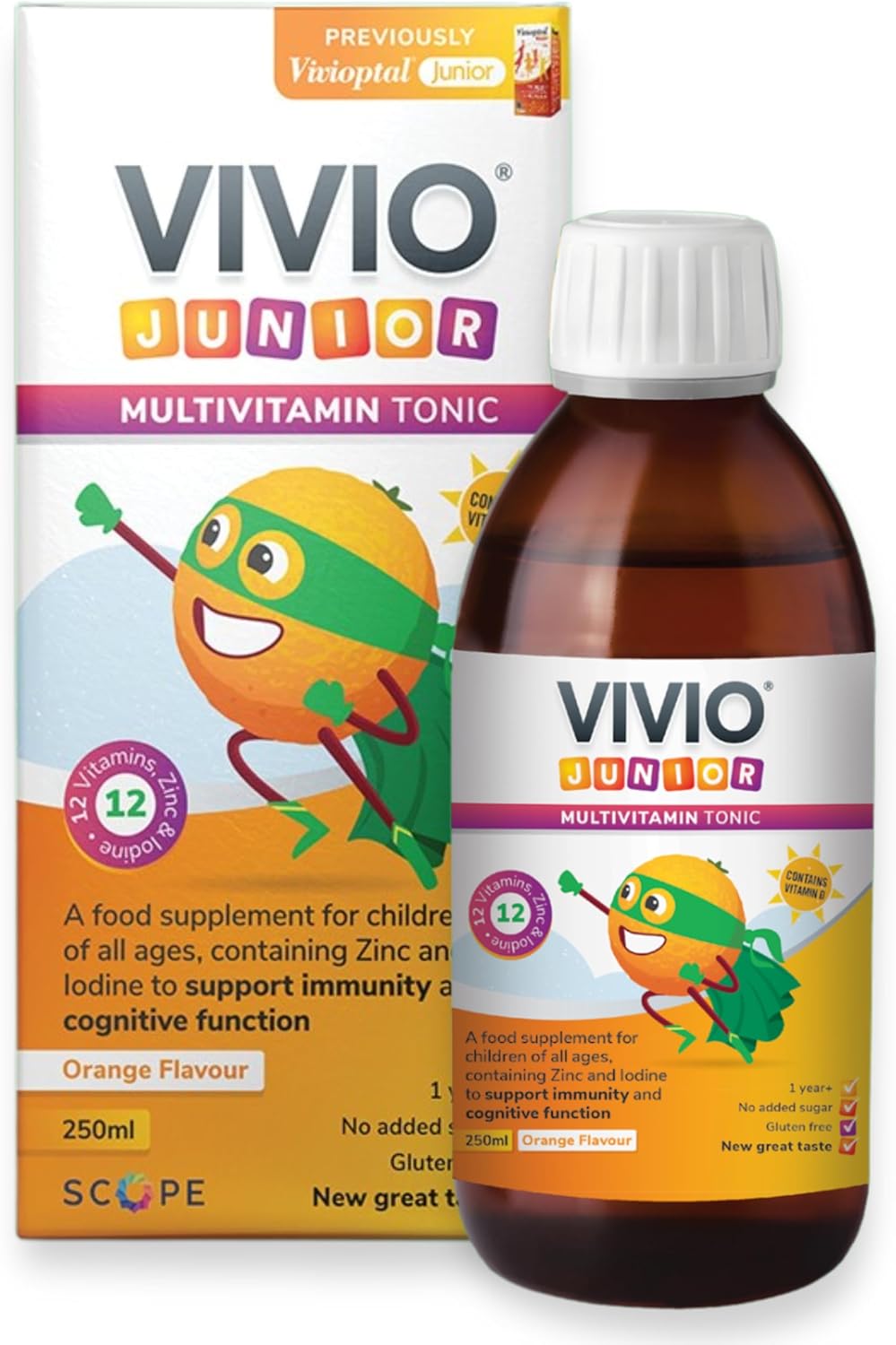VIVIO Junior Multivitamin Tonic for Kids – 12 Added Vitamins Plus Zinc & Iodine to Support Your Child’s Immunity & Cognitive Function - Orange - 250ml