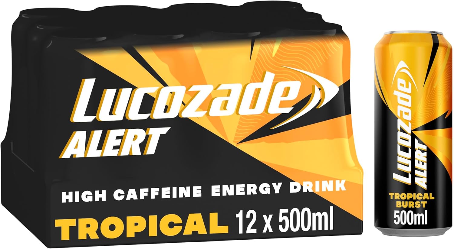 Lucozade Alert Tropical 12x500ml- can ; High Caffeine Energy Drink ;Great Taste; Contains vitamin B3 to help reduce tiredness ;Fully recyclable