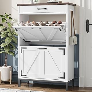 Shoe Cabinet Storage for Entryway Hidden Shoes Storage Cabinet Farmhouse Narrow Shoe Organizer Cabinet with 2 Flip Drawers, Free Standing Slim Shoe Cabinet for Door Entry, Foyer, Hallway, White