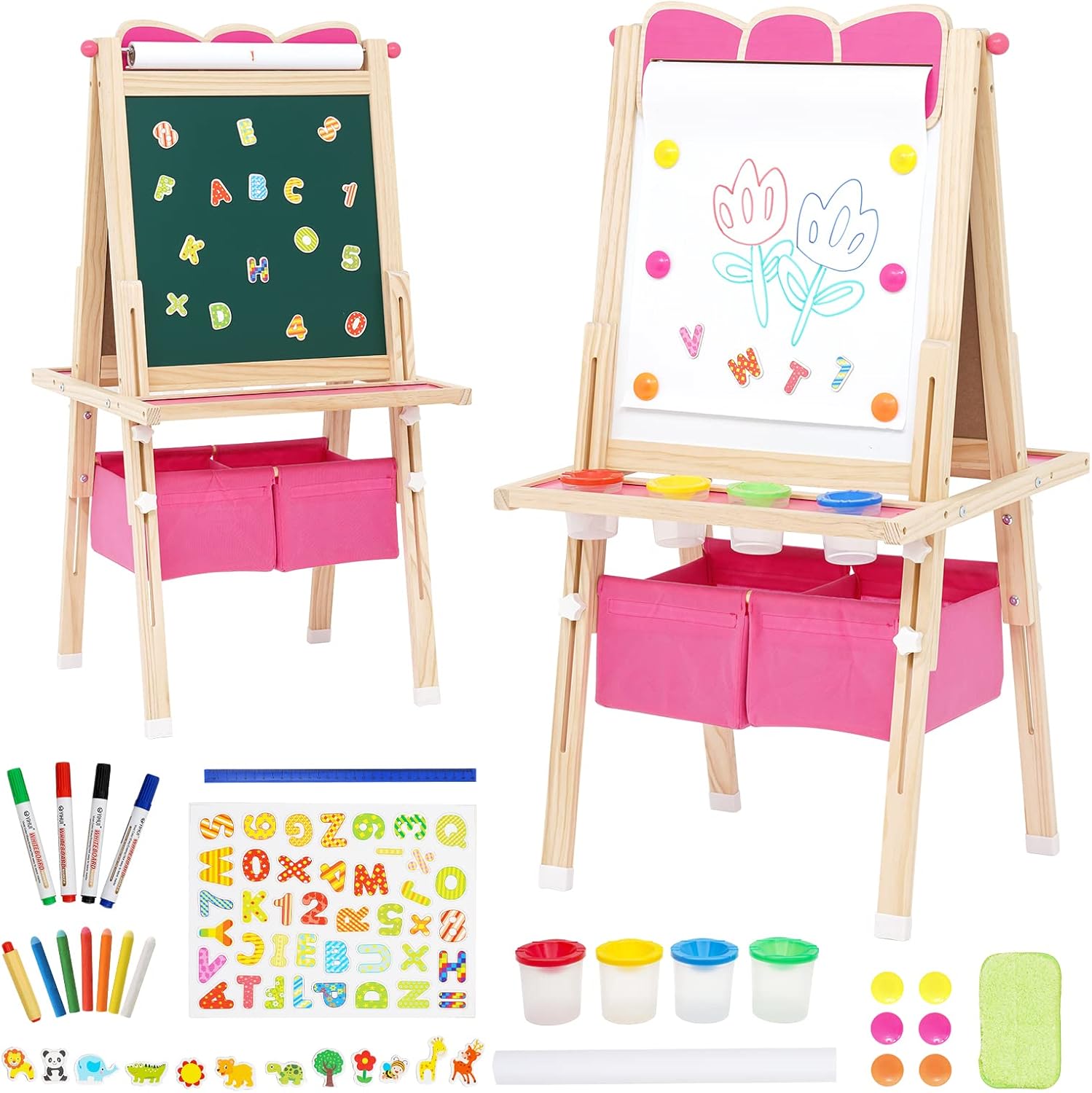 Art Easel for Kids Wooden Kids Easel Double Sided Adjustable Standing Whiteboard and Blackboard with Storage, Painting Art Present for Girls and Boys