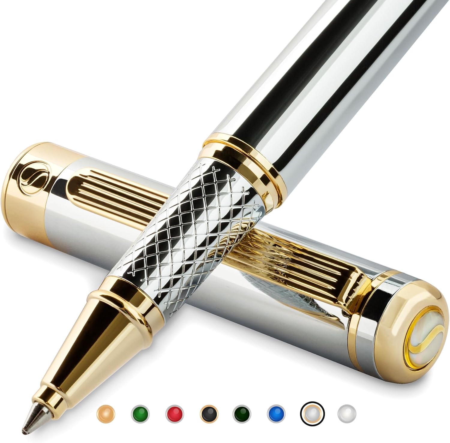 Scriveiner Silver Chrome Rollerball Pen - Stunning Luxury Pen, Real Gold Plating, Schmidt Ink Refill, Best Roller Ball Pen Gift Set for Men & Women, Professional, Executive Office, Nice, Fancy Pens