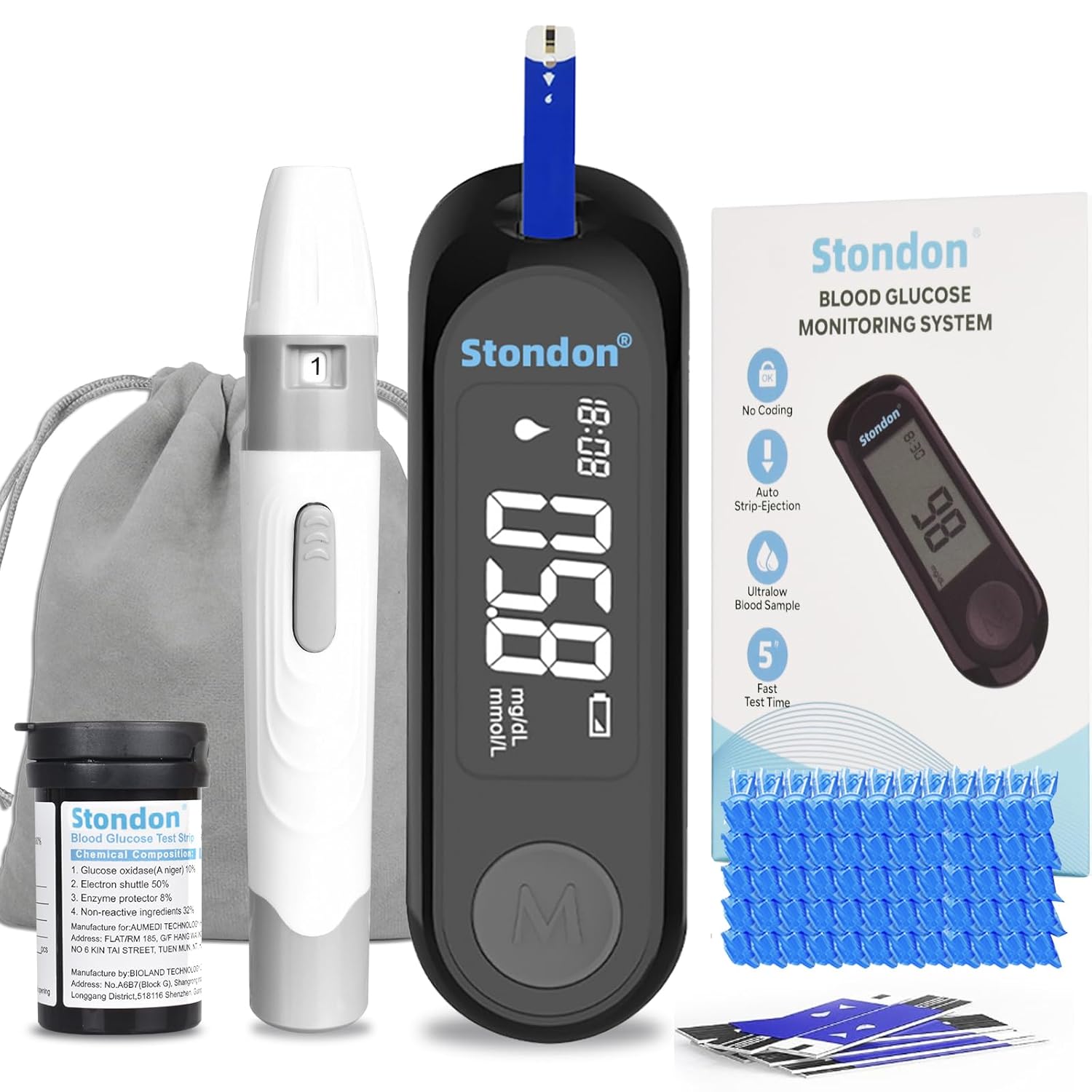 Blood Glucose Monitor Kit,Blood Sugar Testing kit,Diabetes Testing Kit, Blood Glucose Meter, 50 Glucometer Strips, 50 Lancets,Test Strips Blood Sugar Meter Glucometer,HCT for Home Use