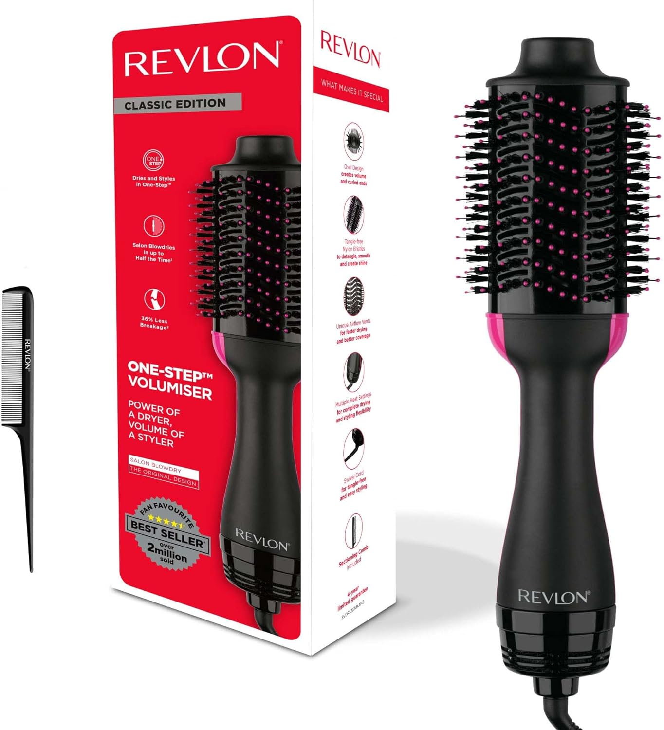 Revlon Salon One-Step Hair Dryer & Volumiser with Sectioning Comb Included (for mid to Long Hair, One-Step Technology, 2-in-1 Styling Tool, Ionic & Ceramic Technology) RVDR5222UKAMZ