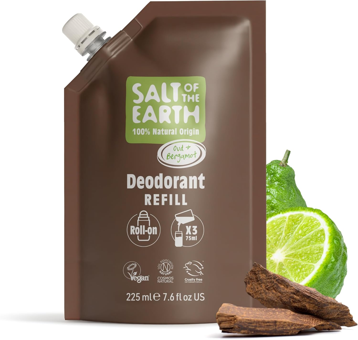 Salt of the Earth - Natural Deodorant Roll On Refill Pouch, x3 Uses - Oud & Bergamot - Vegan, Long Lasting Protection, Leaping Bunny Approved, Made in the UK - 225ml