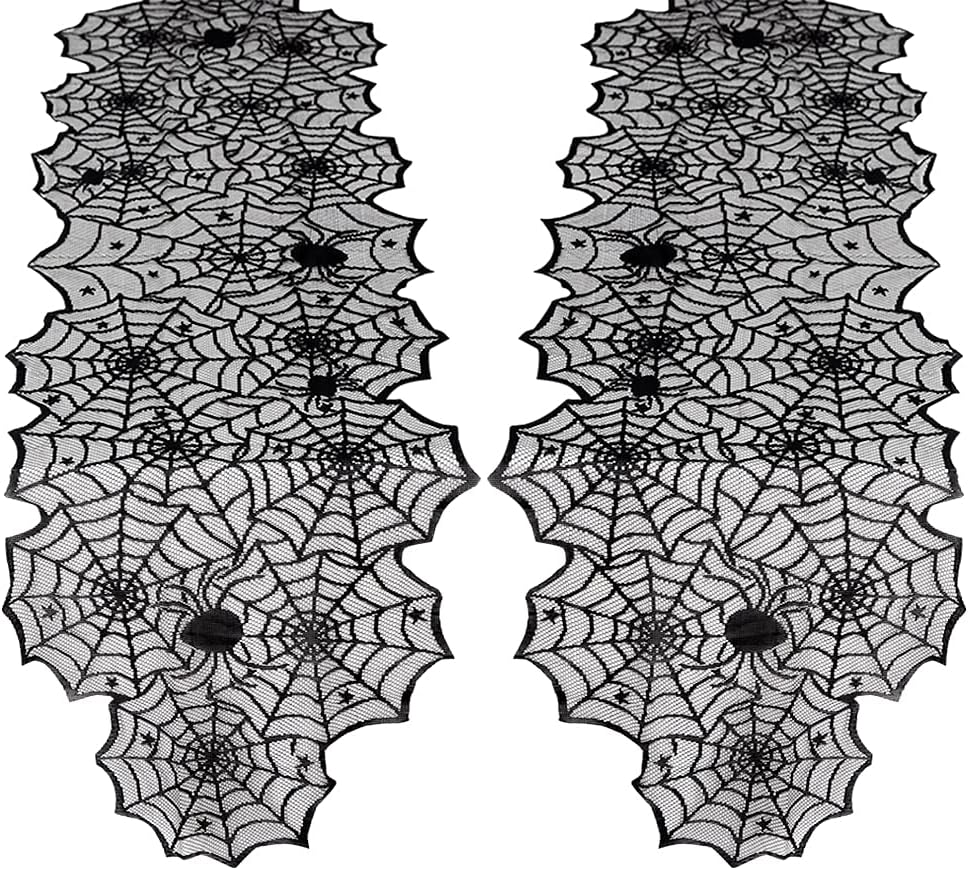 Black Halloween Table Runner Decor: Spider Web Black Table Linens 2 Packs 18 x 72 Inches Lace Runners for Halloween Party Dinner Fireplace Supplies