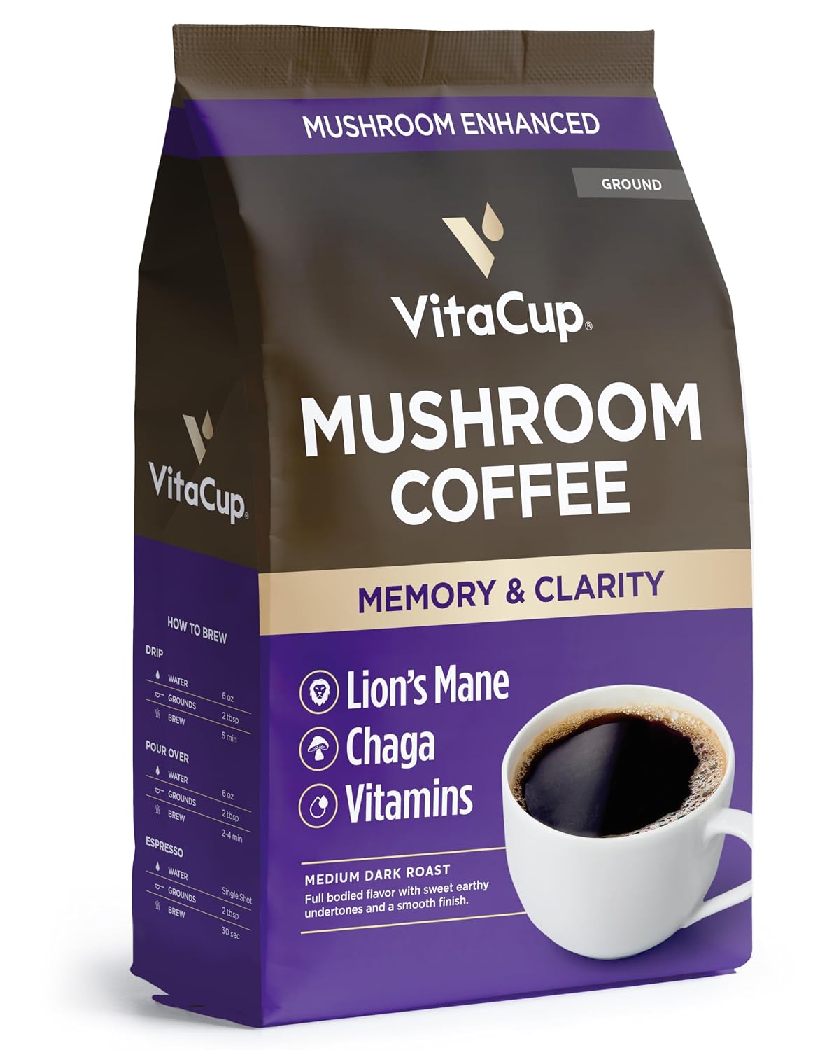 VitaCup Mushroom Coffee Grounds, with Lions Mane for Memory & Clarity, 10oz