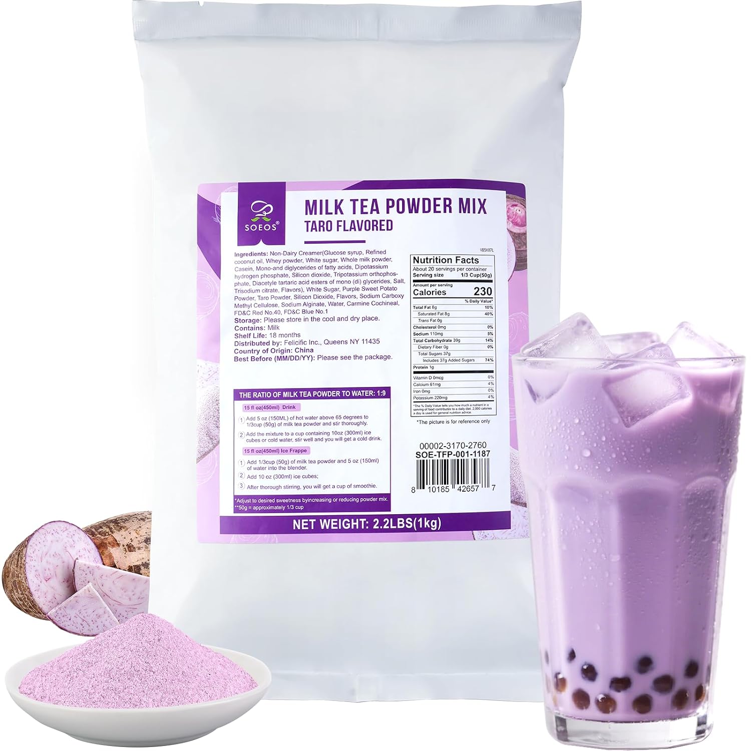 Soeos Taro Flavored Powder, 2.2 lbs (1kg), Instant Taro Mix