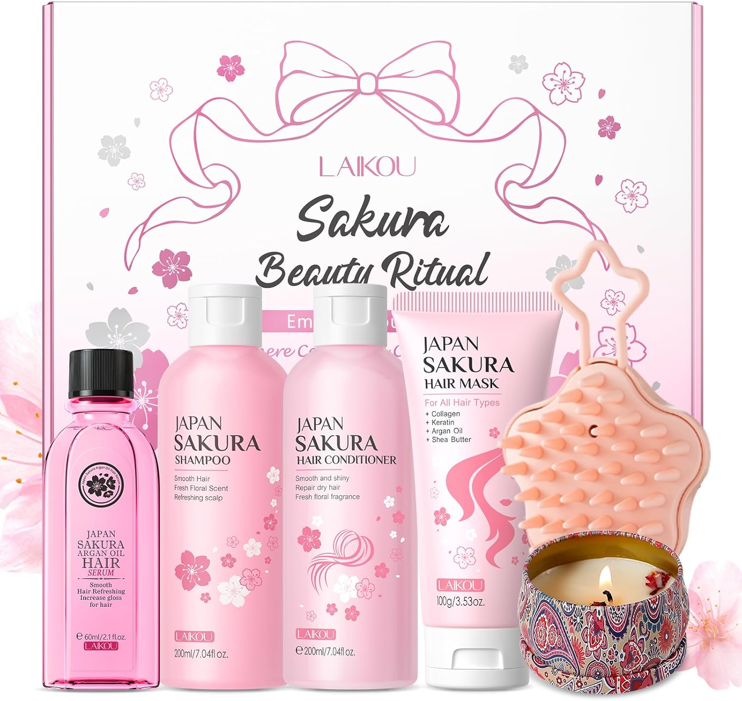 LAIKOU Sakura Hair Care Set, 6PCS Unique Self Care Package, Shampoo, Conditioner, Hair Mask, Argan Oil Serum, Scalp Brush & Scented Candle, Christmas Birthday Pamper Gifts for Women Teenage Girl