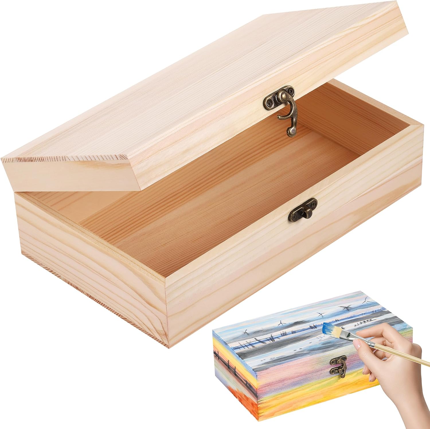 Starvortex Unfinished Wooden Box with Lid, 25x15x8cm Small Wooden Box with Hinged Lid & Locking Clasp, Pine Wood Small Wood Crate Boxs, Arts and Crafts Storage Box for Home Table Decoration Keepsake