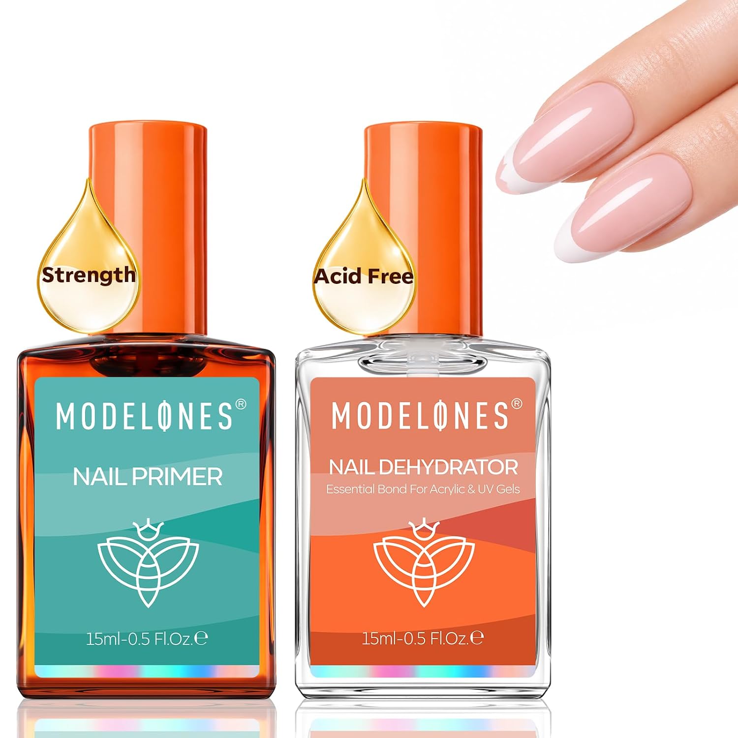 modelones Nail Strengthener Dehydrator and Primer Set 15 ML Nail Prep Kit 2 Pcs Acid Free HEMA Free Strong Bonding Base Coat for Gel Polish Acrylic Press On Nails No Lift Long Last Manicure Gift Clear
