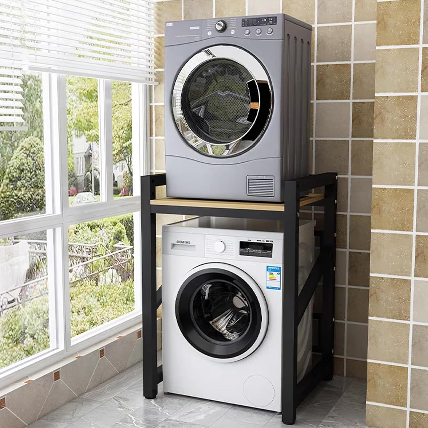 Washer Dryer Stacking Rack Stand, Over the Washer and Dryer Storage Shelf, Height Adjustable Washing Machine Stand, Stackable Shelf for Laundry Room, Apartments Black