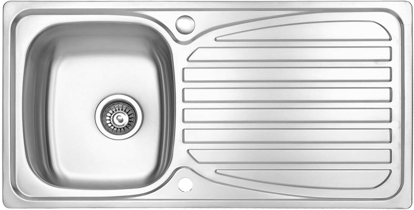 JASSFERRY 950 x 500 mm Kitchen Sink Inset Stainless Steel Single 1 Bowl Reversible Drainer with Waste Pipes Clips - 10 Year Guarantee