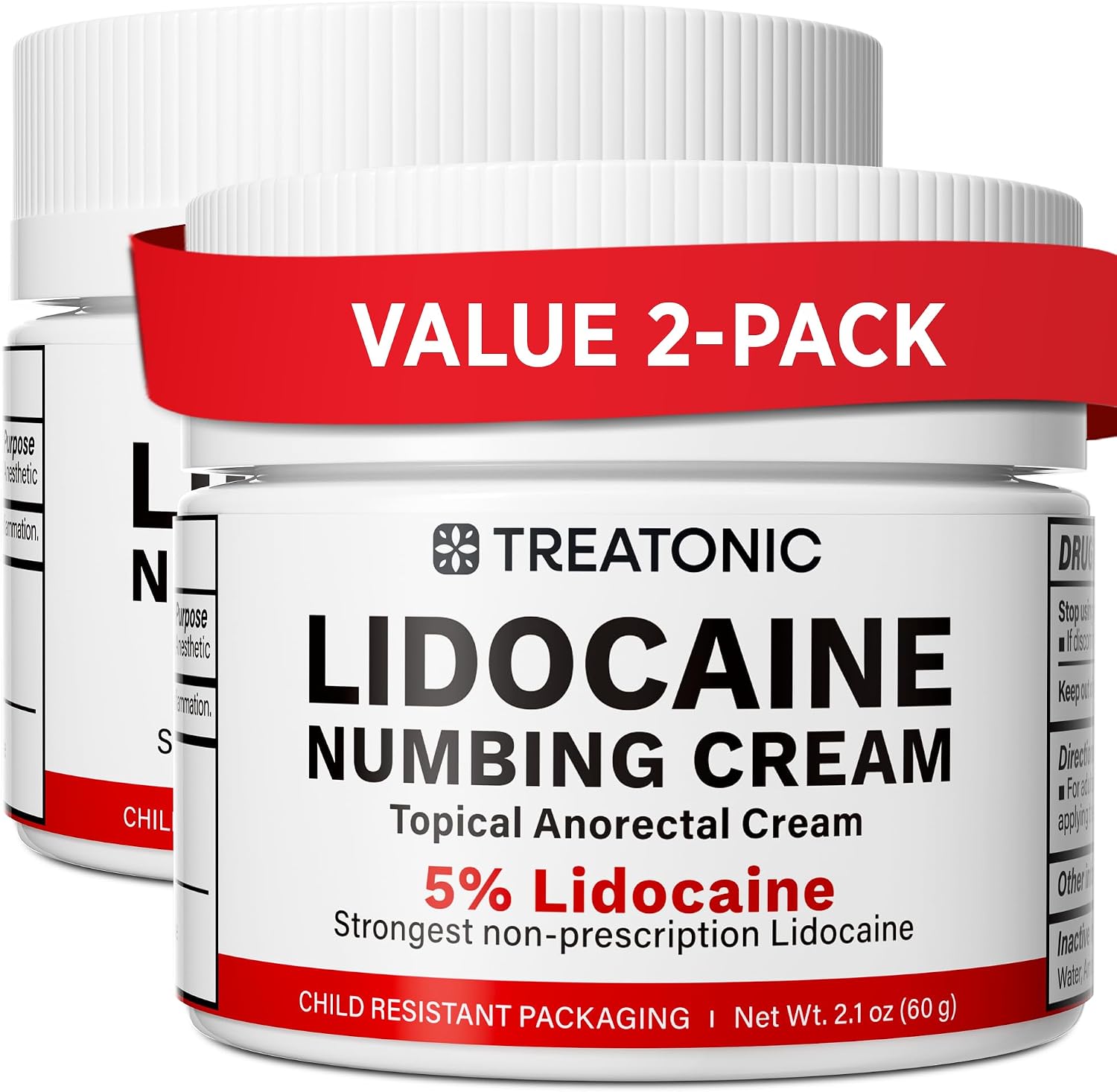 Treatonic 5% Lidocaine Numbing Cream: Lidocaine Cream Maximum Strength for Pain Relief, Itching, Burning, Soreness, Hemorrhoid - Fast Acting & Long Lasting Numbing - 2.1 oz (2-Pack)