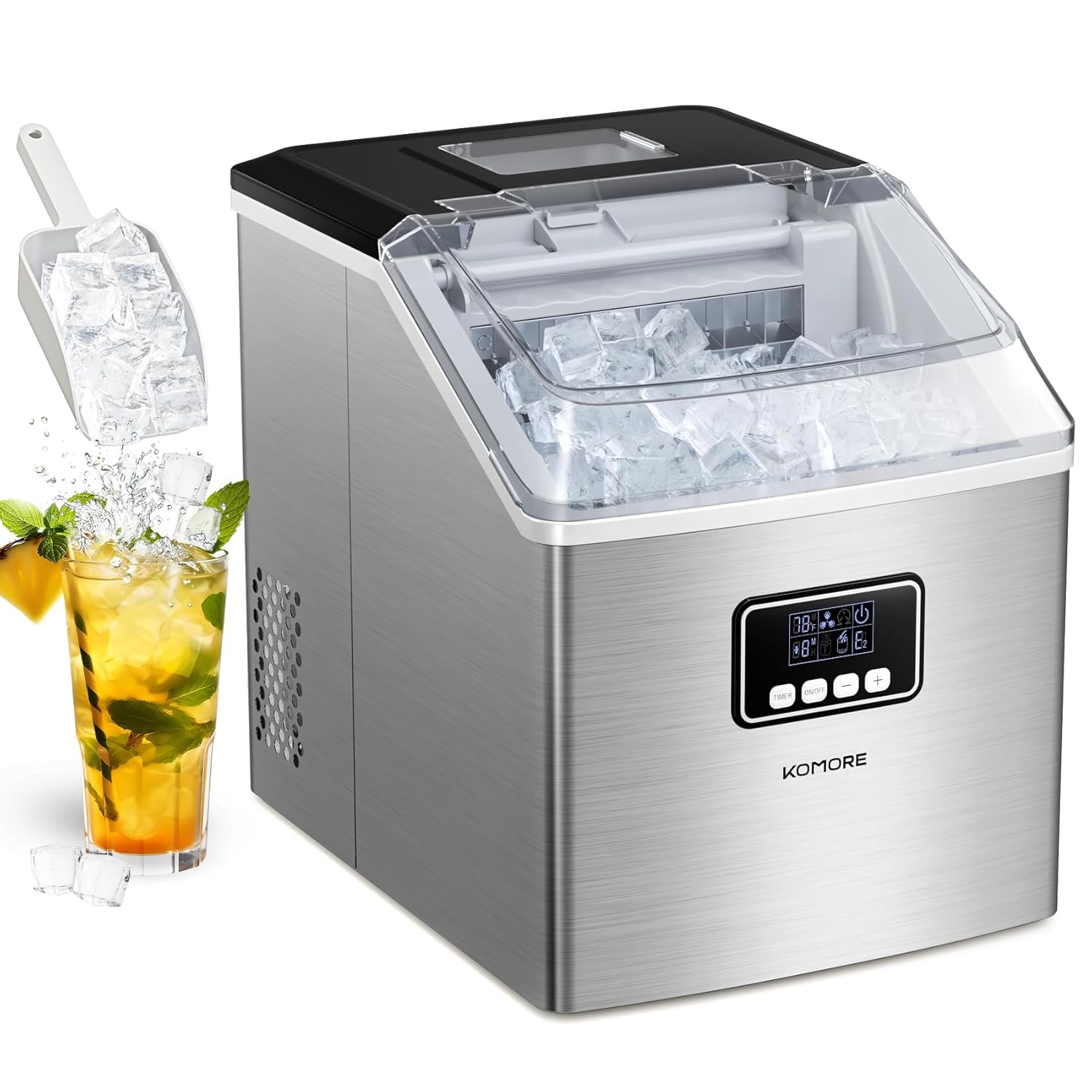 Ice Maker Machine, Stainless Steel Ice Cube Maker 20kg/Day, 24 Pcs Ready in 13 Mins, Self-Cleaning Ice Machine with Ice Scoop & Basket, LED Display, 24H-Timer, Portable for Home/Office/Bar