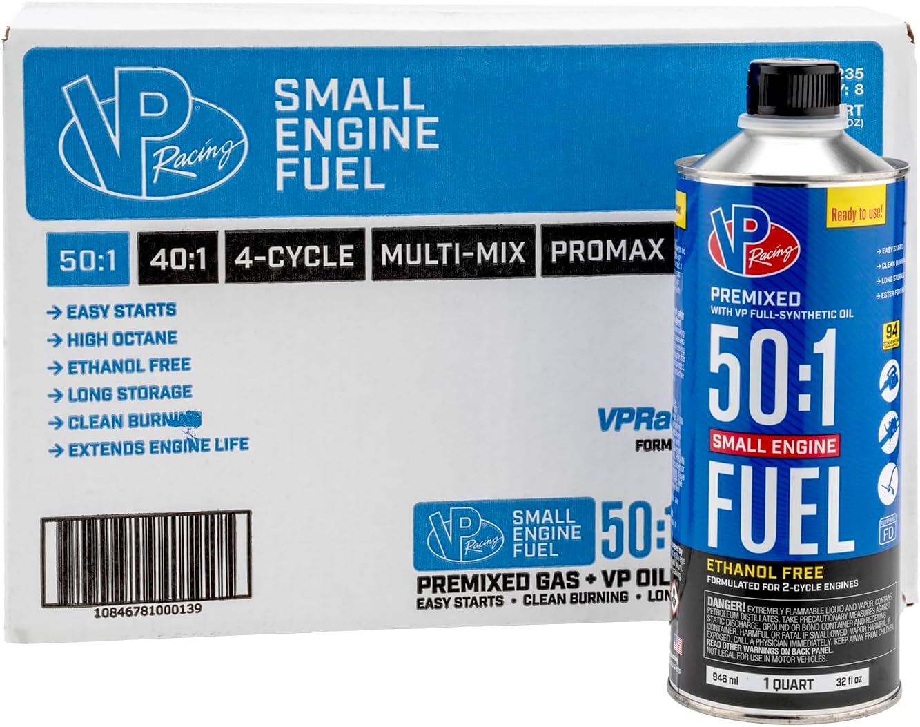 VP Small Engine Fuels 6238 Ethanol-Free 50:1 2-Cycle Gas+Oil - 1 quart, Pack of 8