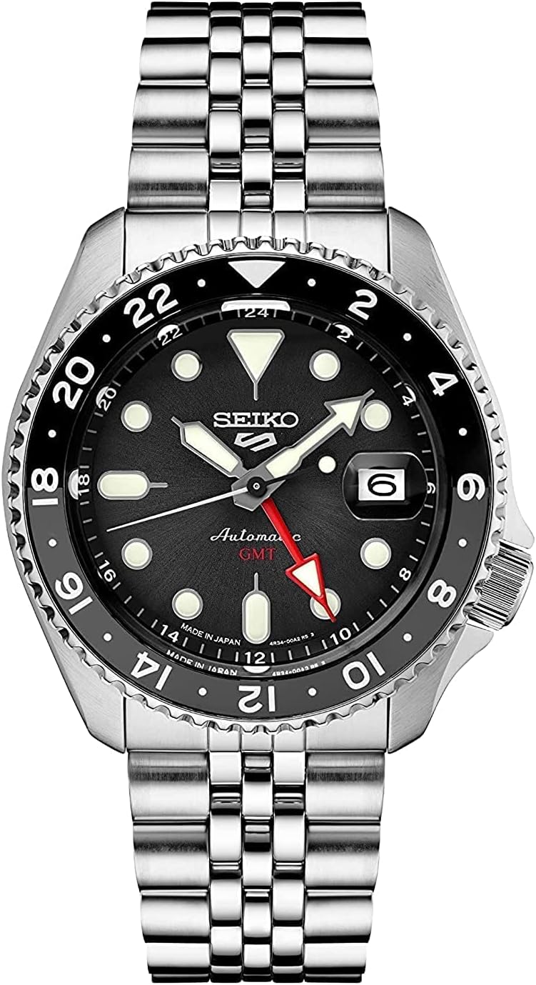 SEIKO SSK001 Automatic Watch for Men - 5 -Sports - Black Dial with Date Calendar and Luminous Hands & Markers and Black & Gray GMT Bezel, 100m Water-Resistant