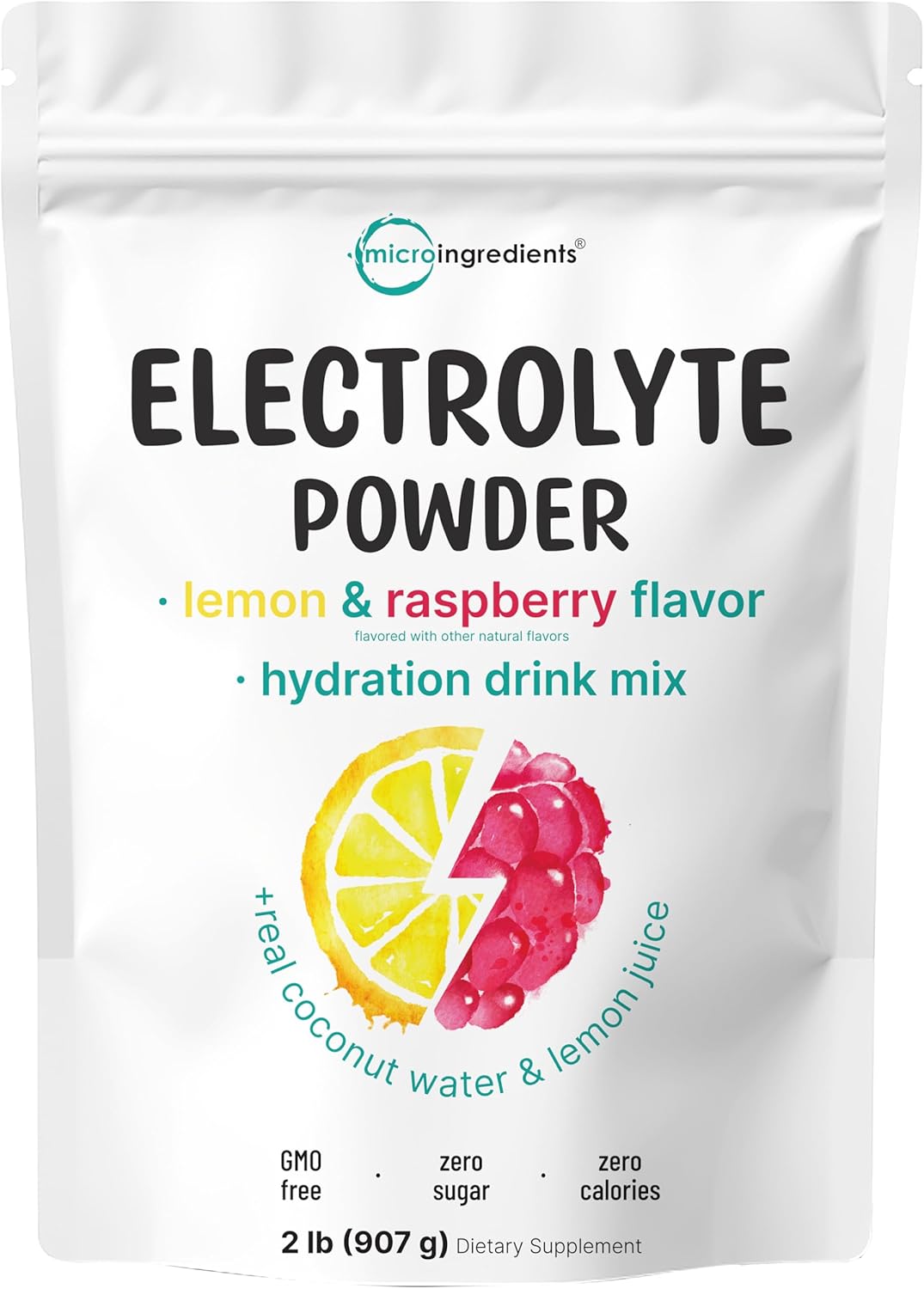 Micro Ingredients Hydration Electrolyte Powder, 2lbs (139 Servings), Keto & No Sugar - High Potassium (1000mg) with Lemon Raspberry Flavored - Made with Real Lemon Juice & Coconut Water - Non-GMO