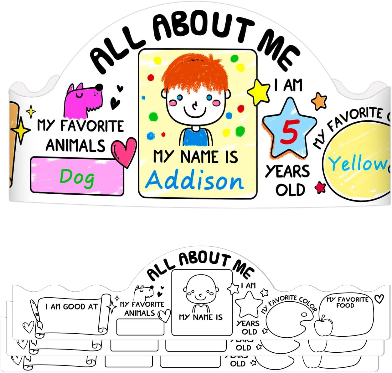 FLYAB All About Me Crown Crafts Kits for Kids - 24PCS Color Your Own Back to School Paper Crown Hats DIY First Day of School Hats with Elastic for Kindergarten Preschool Activities Party Supplies