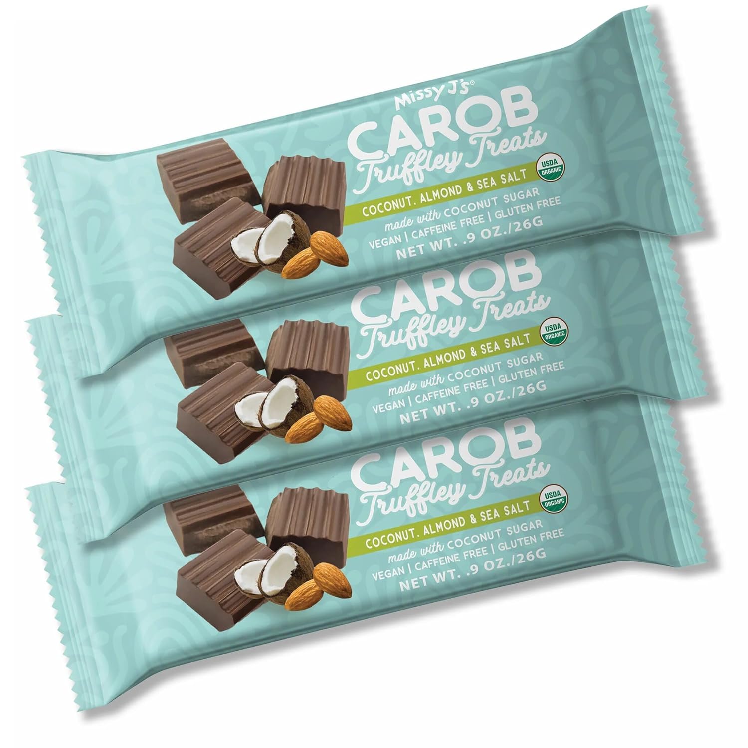 Missy J's Carob Coconut Almond Truffley Treats 1.38 Oz 3 Pack, Carob Made with Coconut Sugar, Vegan Gluten and Caffeine Free, Substitute for Chocolate, Perfect for Snacks and Treats