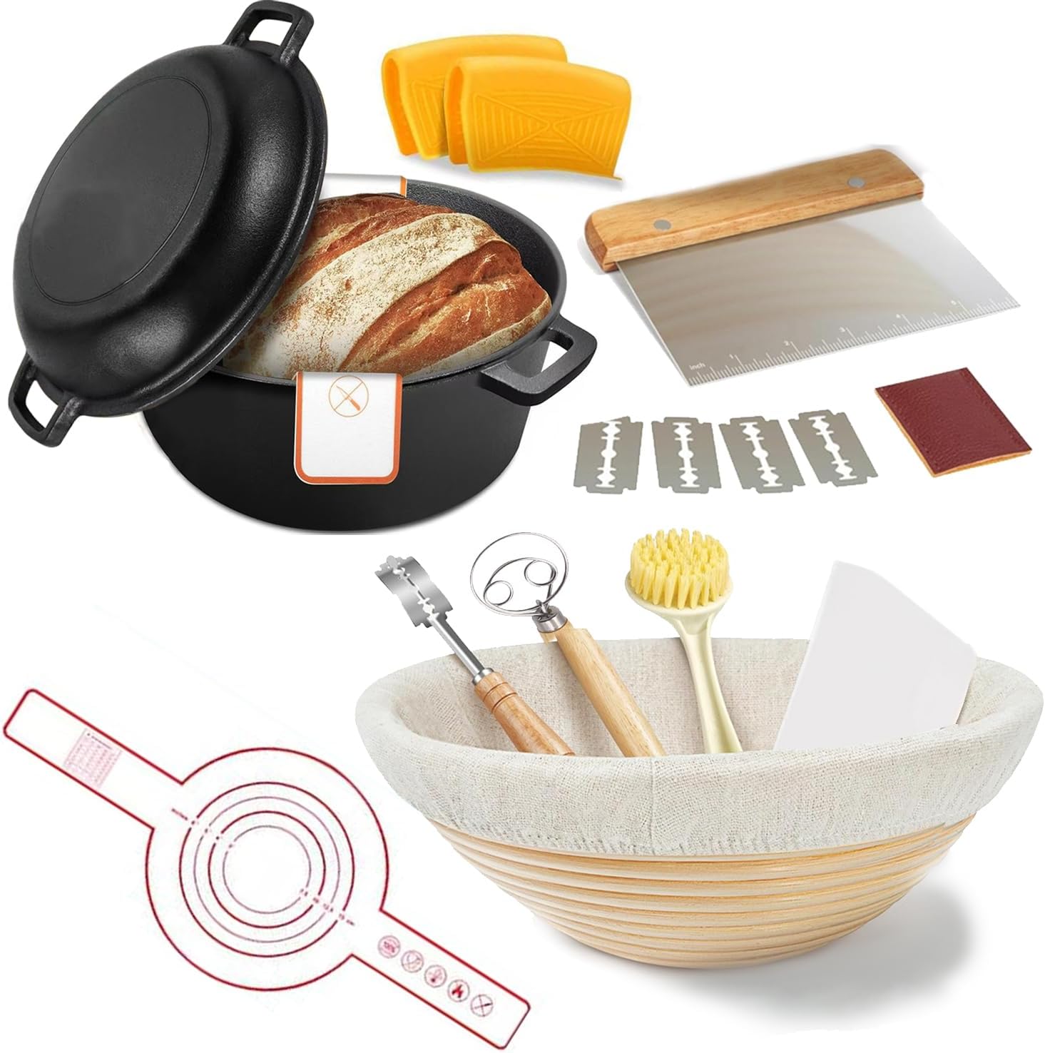 5QT Cast Iron Dutch Oven (Sourdough Starter Kit with Proofing Basket,Lame & Lid - Ideal for Bread Baking)(Family Cooking, Frying, Braising & BBQ)
