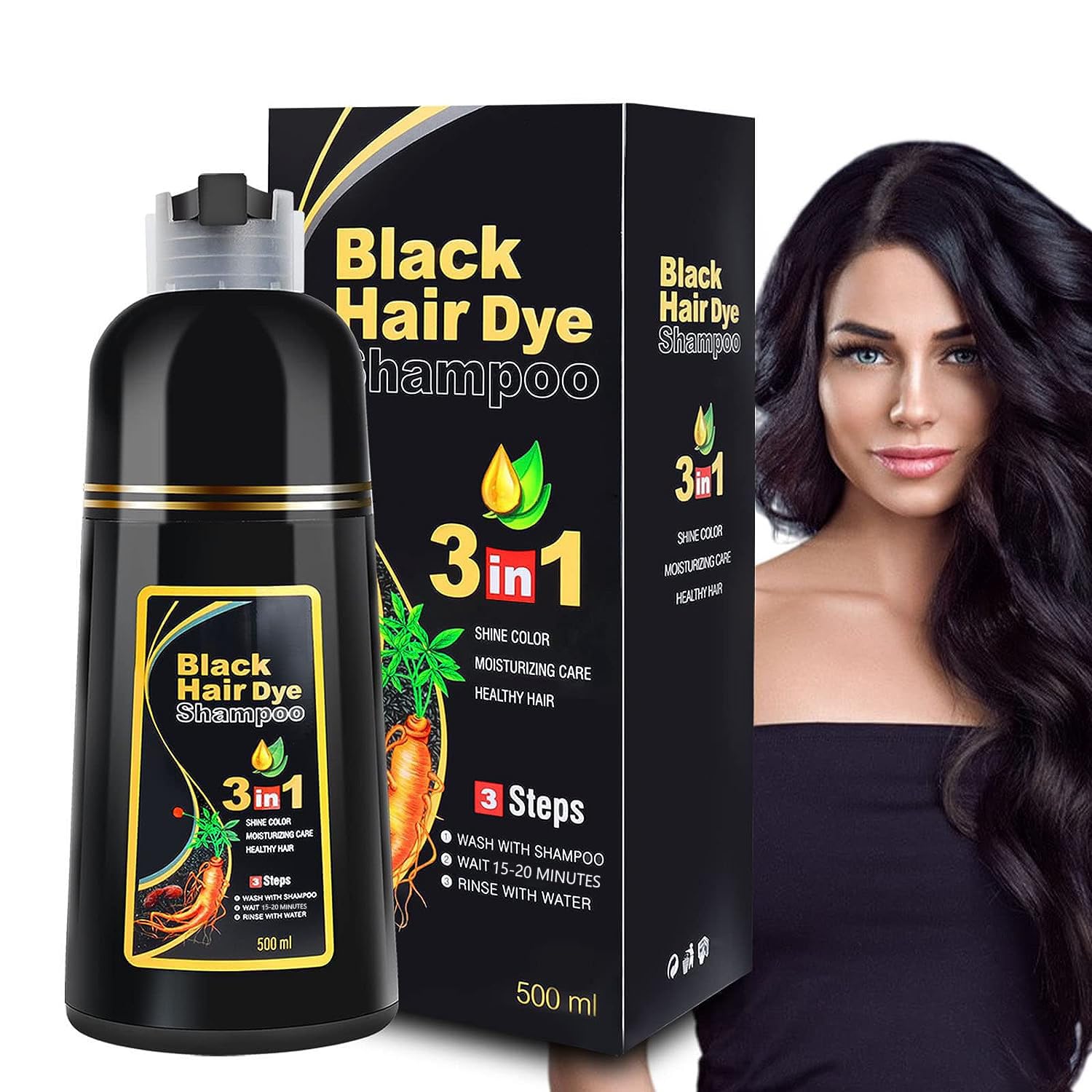 Black Herbal Hair Dye Shampoo 3 in 1 for Gray Hair Coverage for Men and Women, 500 milliliters (Pack of 1)