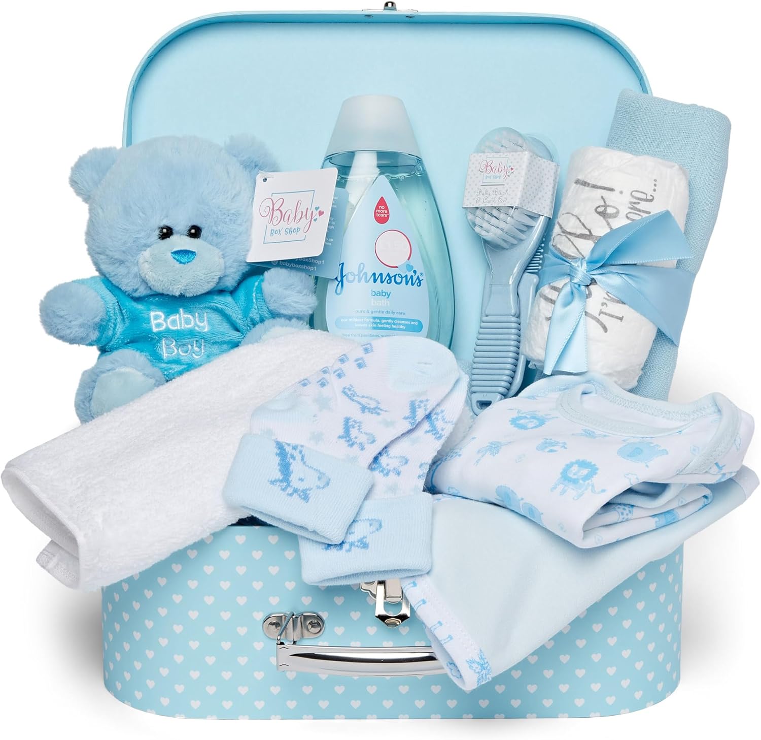 Baby Box Shop - Newborn Boy Gift Set, Blue Hamper with Plush Teddy Bear, Essentials & Keepsake Box - Ideal Baby Shower & Christening Gift