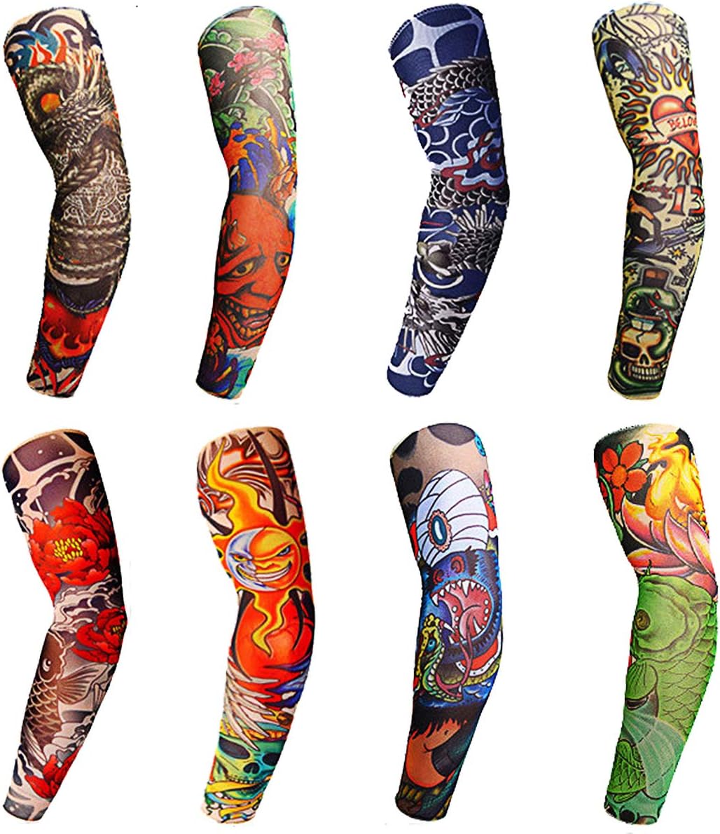 Toirxarn 8PCS Tattoo Sleeves Cool Temporary Sunscreen Arm Sleeves for Men Women Cycling Running Driving Sports