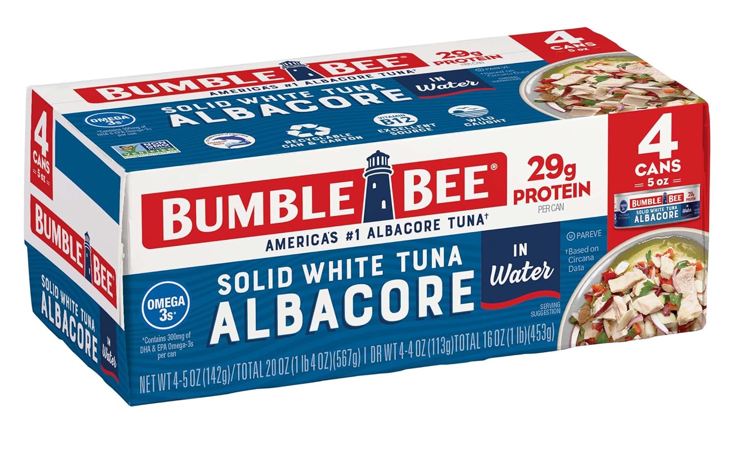 Bumble Bee Solid White Albacore Tuna in Water, 5 oz Can (Pack of 4) - Wild Caught Tuna - 29g Protein per Serving, High in Omega-3s - Non-GMO Project Verified, Gluten Free, Kosher