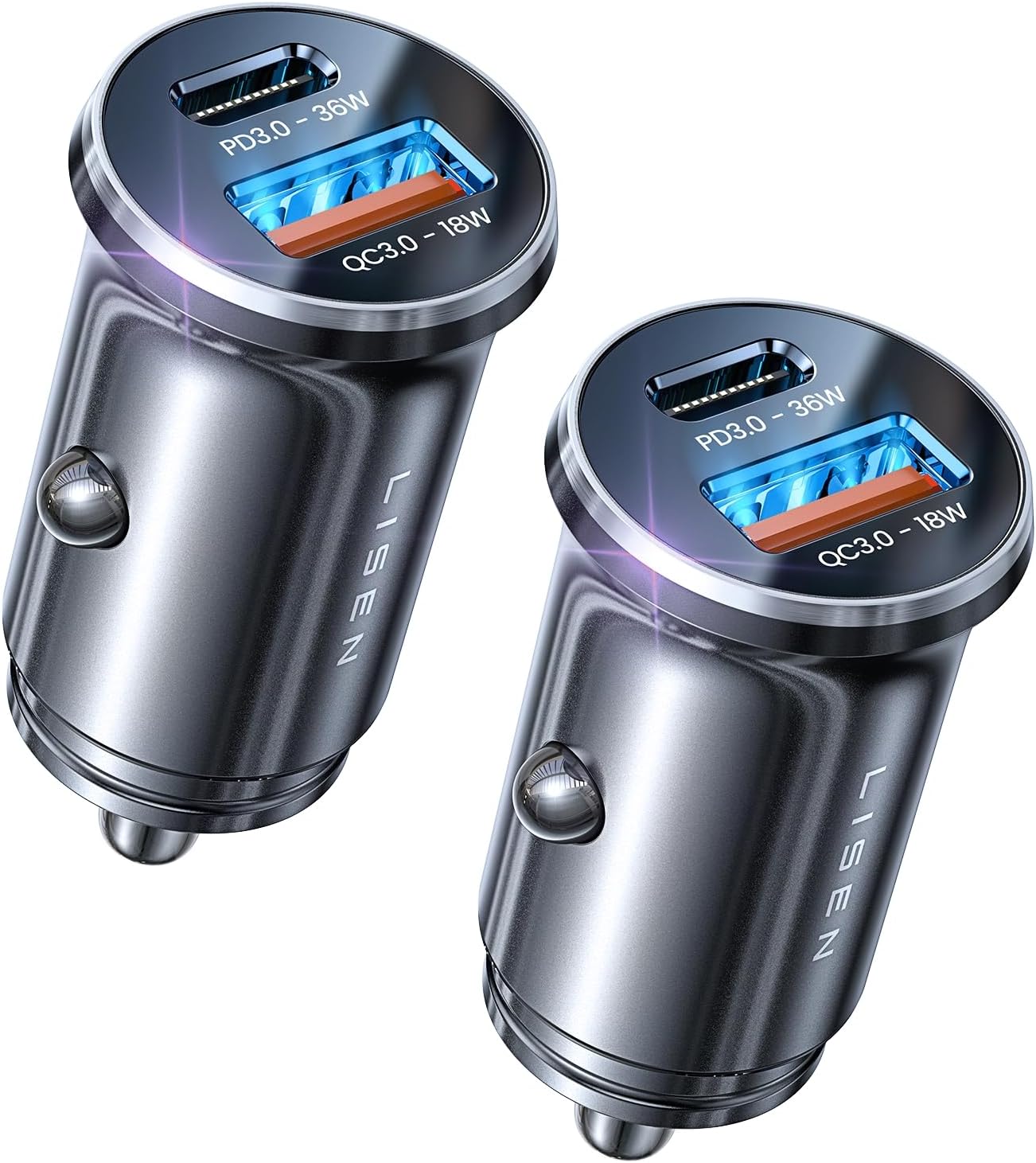 LISEN 2Pack Car Phone Charger USB C Car Charger 54W+54W [USBC 36W+USBA 18W] PD3.0 12V USB Socket Fast Charge [Metal] Cigarette Lighter USB Car Charger Adapter for iPhone 16 Pro Max Samsung iPad Pro