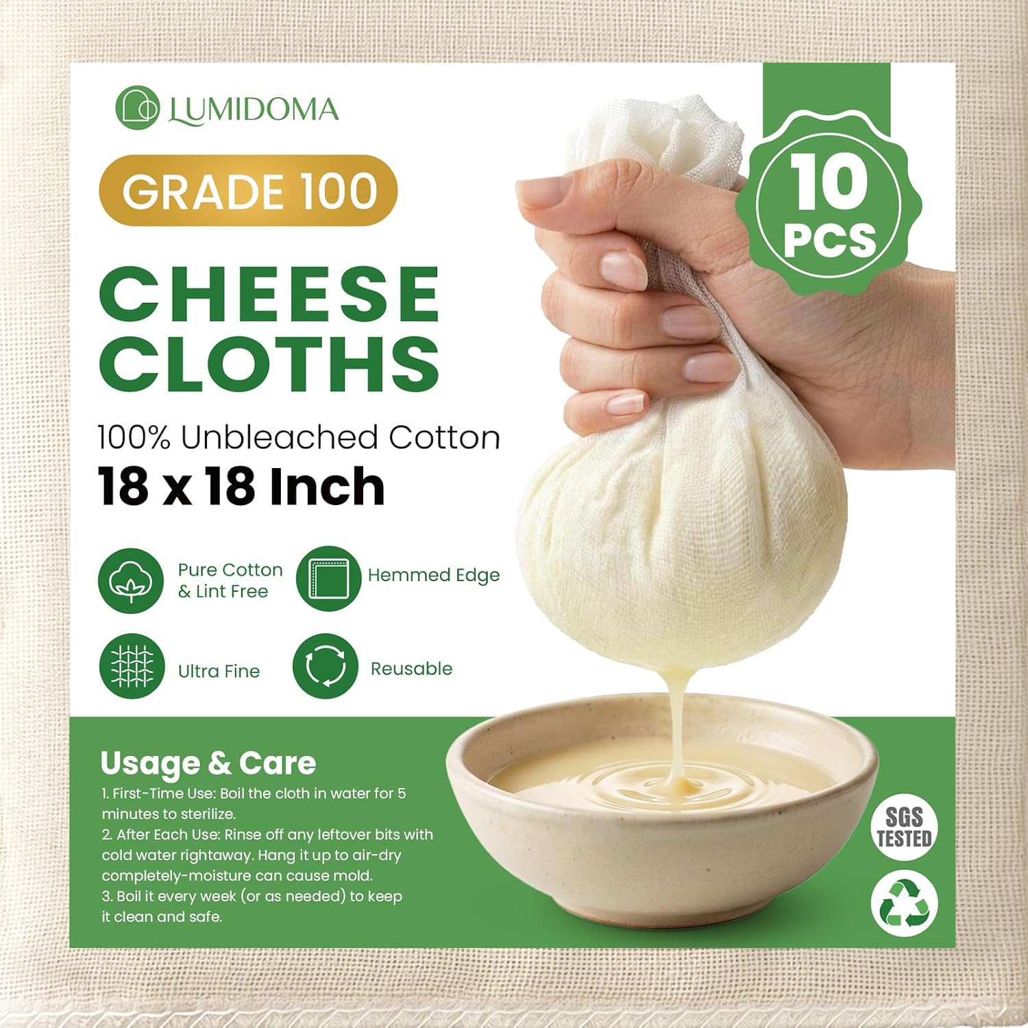 10Pcs Cheese Cloths for Straining 18x18 Inch, Grade 100 Reusable Cheesecloth Bags for Straining With Reinforced Edges, Unbleached Cotton Muslin Fabric Strainer for Baking, Juicing, Milk, Cheese,Crafts