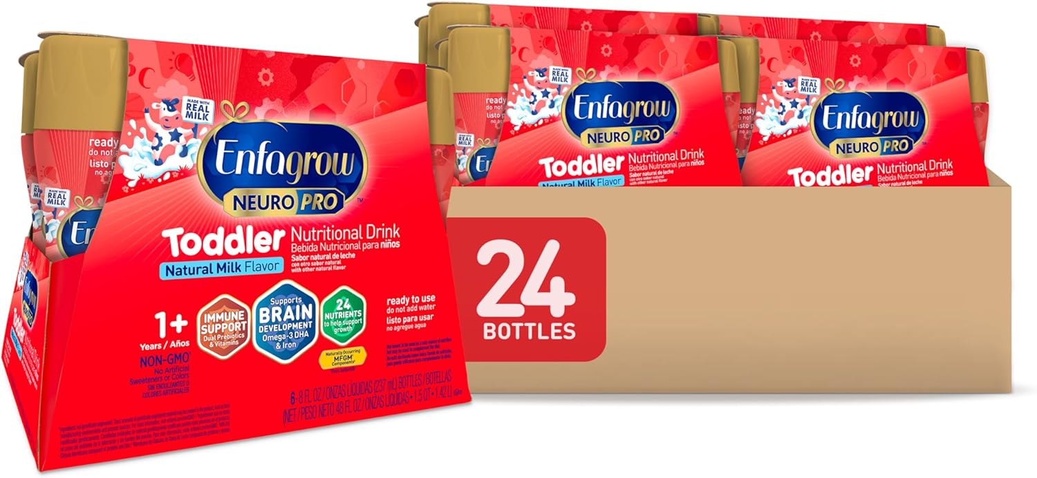 Enfagrow PREMIUM Toddler Nutritional Drink, Made with Real Milk, Brain-Building Omega-3 DHA, Nutrients for Growth & Immune Support, Non-GMO, Ready to Use, 8 fl Oz (24 Bottles)