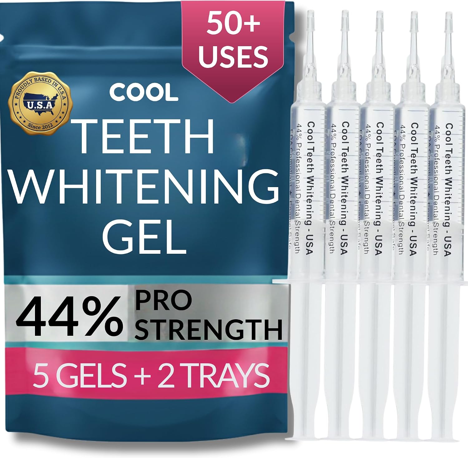 Teeth Whitening Gel with Trays 44% Carbamide Peroxide 5 Syringes - 50+ Uses | Enamel Safe Dentist Strength Tooth Whitener Removes Coffee, Wine, Tobacco Stains, Vegan, Gluten Free, 2 Trays Included